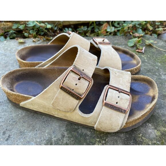 Birkenstock Arizona Size 39 EU 8.5 US Tan Leather Strappy Slip-On Slide Sandals - Picture 1 of 11